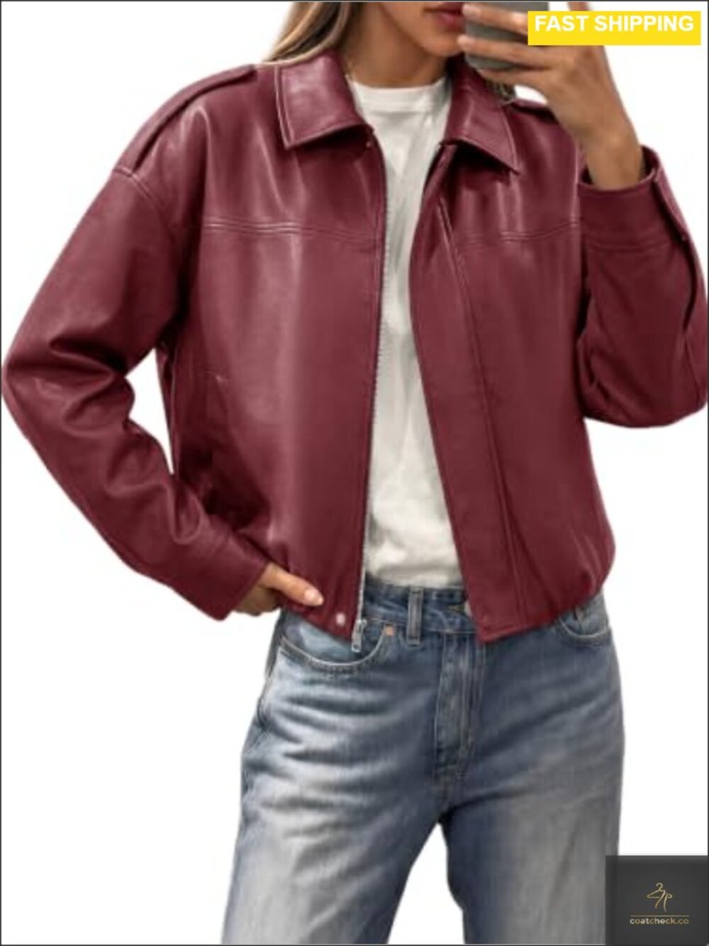 Womens Cropped Faux Leather Jacket Oversized Bomber Zip Up Coat